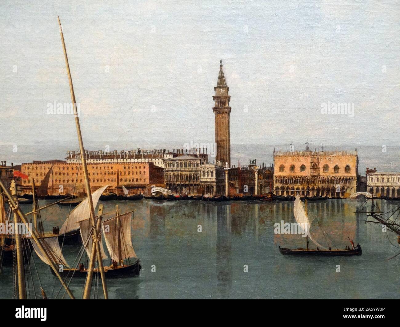 Michele Marieschi (1710-1743), il Bacino di San Marco, intorno al 1739-40 (dettaglio), olio su tela. guarda di fronte all'Isola di San Giorgio verso la Cattedrale di San Marco e il Palazzo Ducale (al centro della composizione). La chiesa a cupola di Santa Maria della Salute può essere considerata di estrema sinistra. Foto Stock