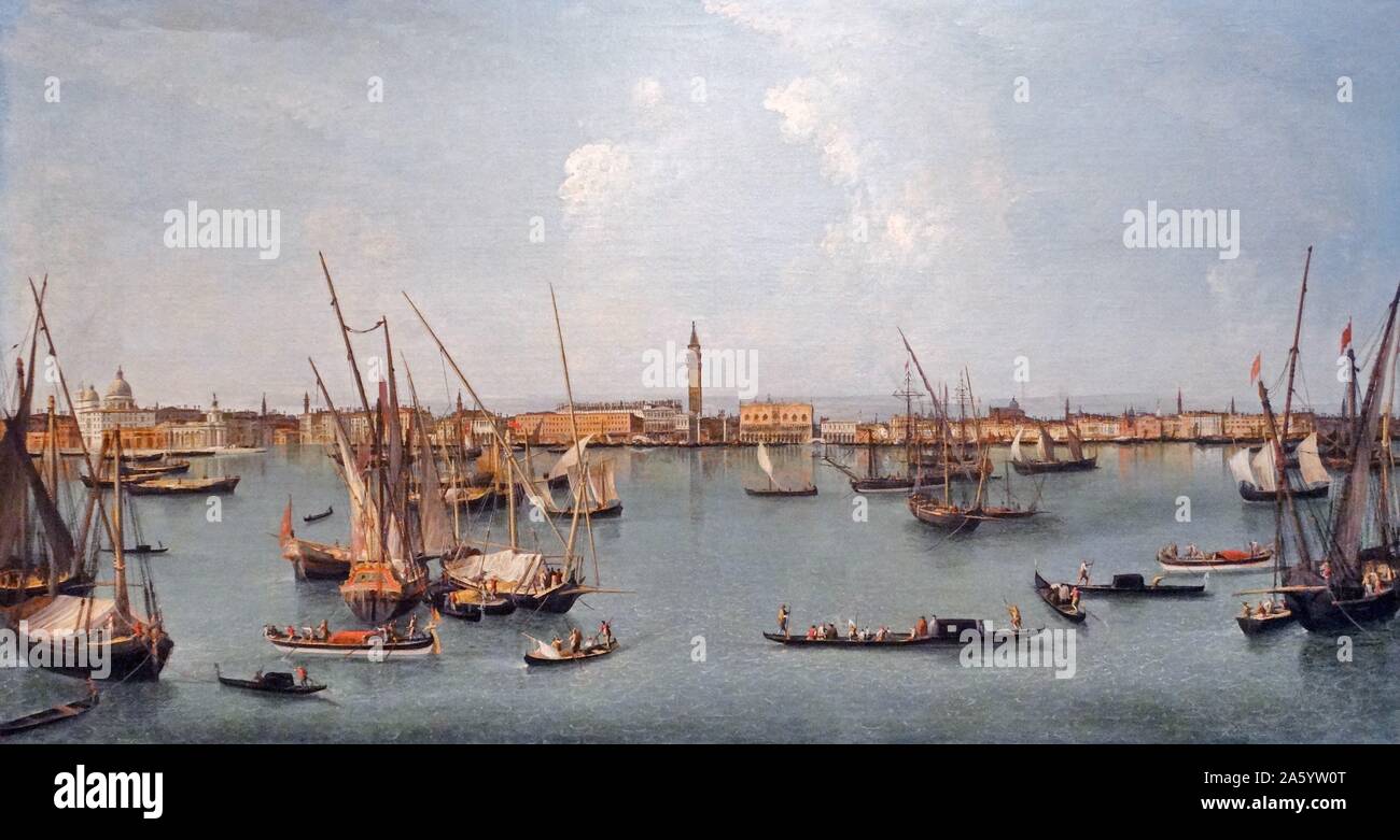 Michele Marieschi (1710-1743), il Bacino di San Marco, intorno al 1739-40 Olio su tela. guarda di fronte all'Isola di San Giorgio verso la Cattedrale di San Marco e il Palazzo Ducale (al centro della composizione). La chiesa a cupola di Santa Maria della Salute può essere considerata di estrema sinistra. Foto Stock