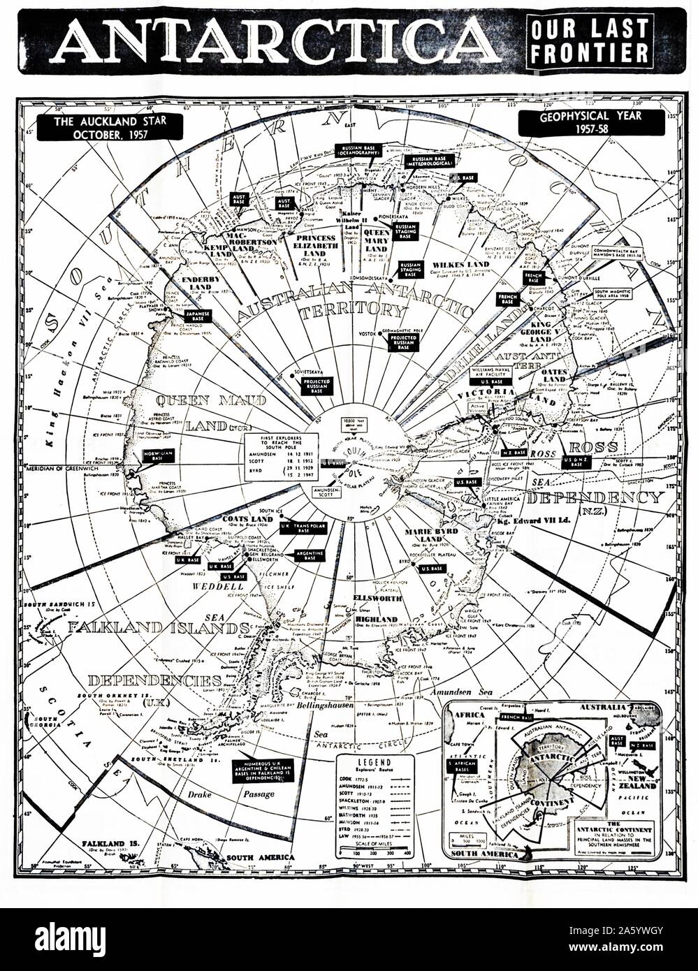 Mappa di Antartide che mostra le varie zone nazionali o delle basi per i paesi compresi il Regno Unito e la Francia; USA; la Russia. 1958 Foto Stock