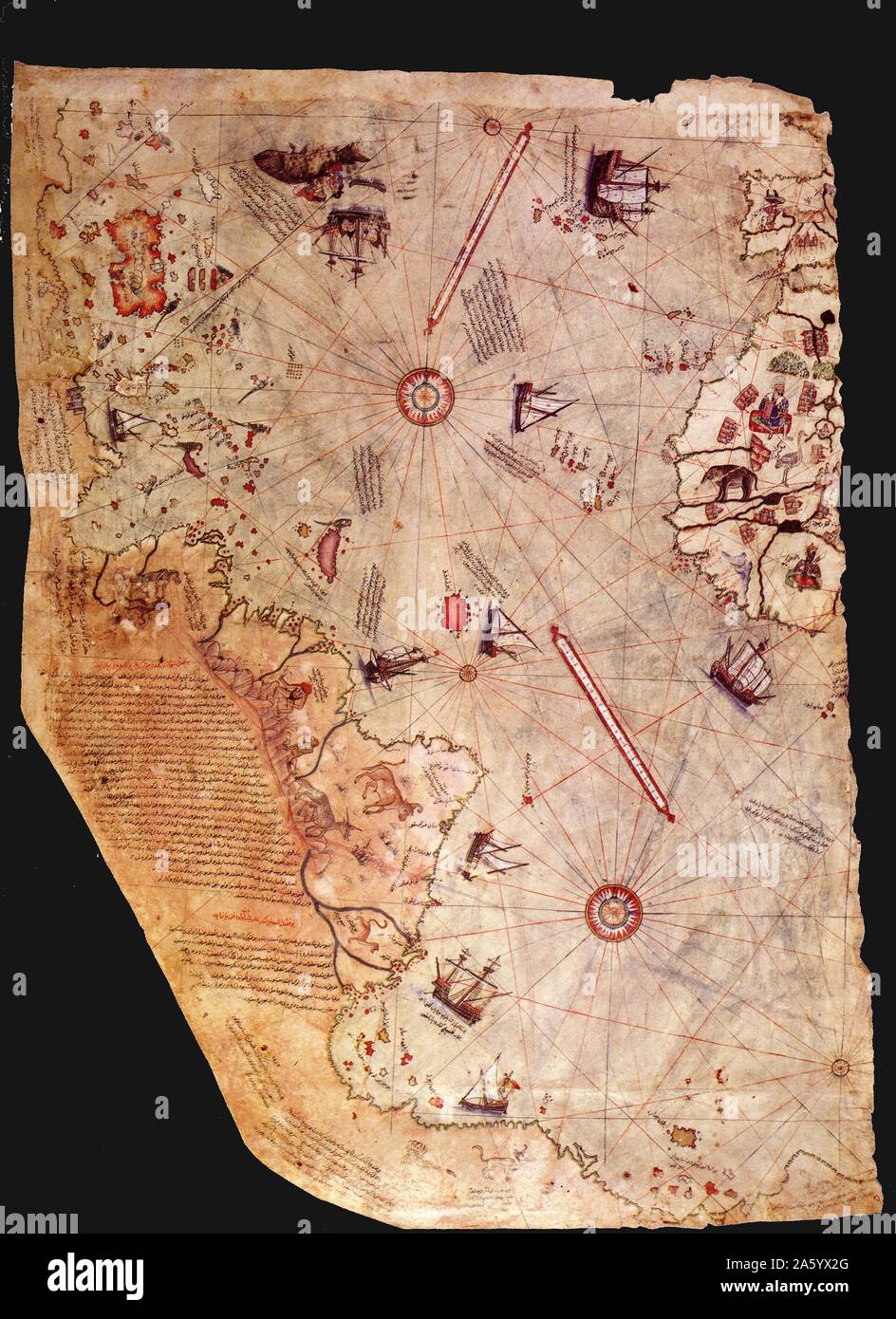 Frammento superstite del primo mondo Mappa di Piri Reis. Datata 1513 Foto Stock