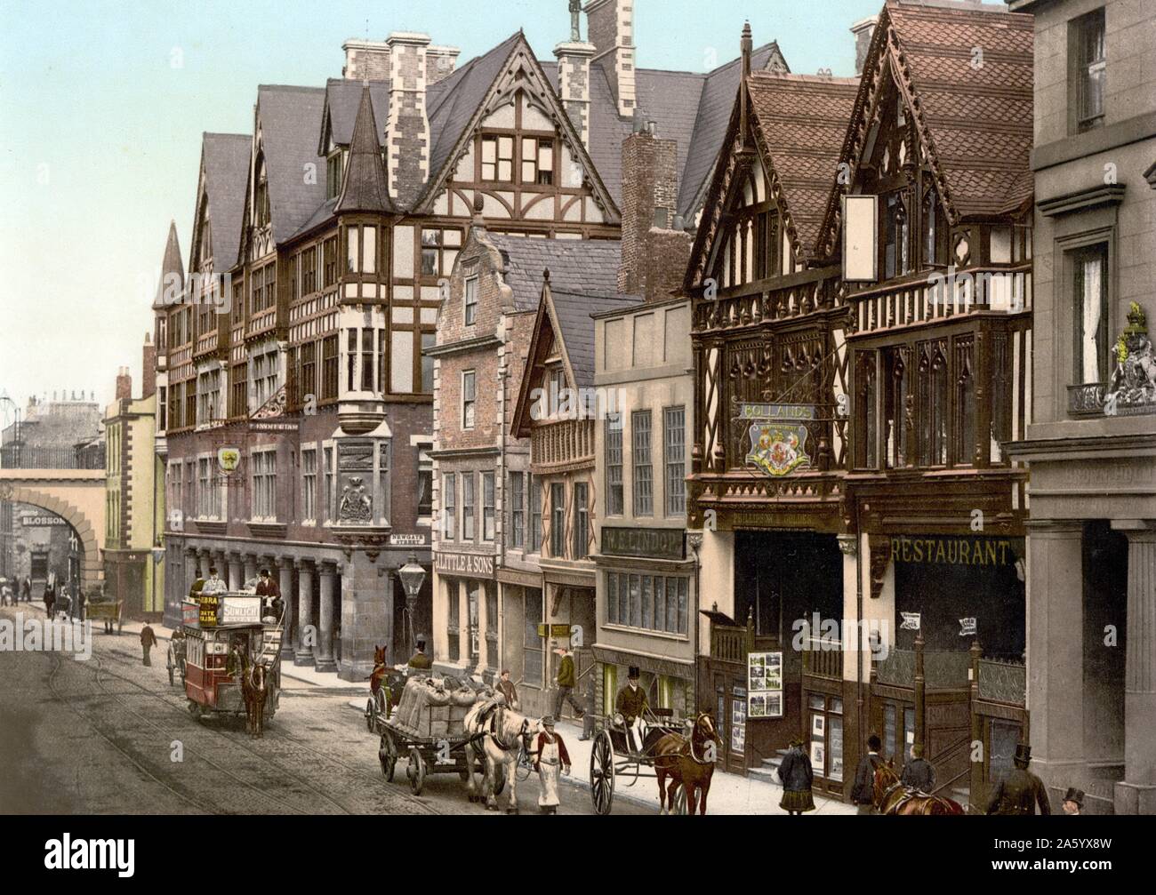 Scena di strada con cavallo e veicoli, Eastgate Street e Newgate Street, Chester, Inghilterra 1890 Foto Stock