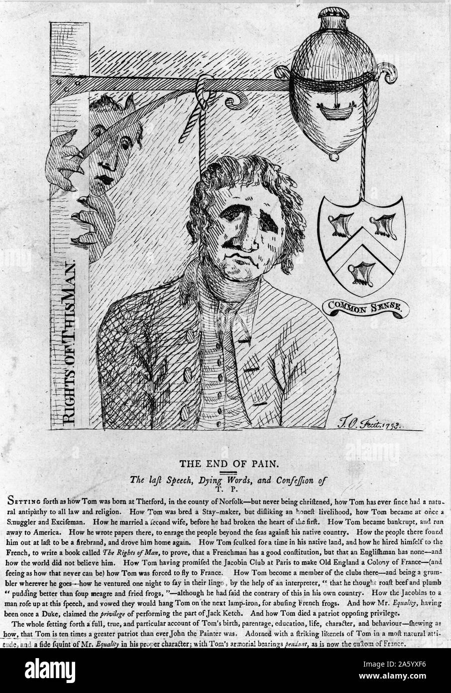 Incisione raffigura morendo parole e la confessione di Thomas Painev (1737-1809) prima che egli è stato impiccato. Datata 1793 Foto Stock