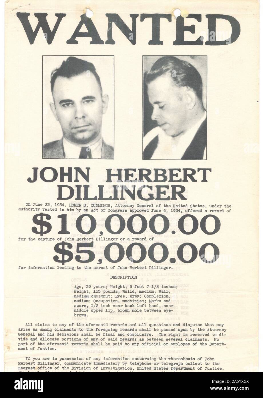 Manifesto Wanted per John Herbert Dillinger (1903-1934) Il gangster americano nella depressione-ser negli Stati Uniti. Datata 1934 Foto Stock