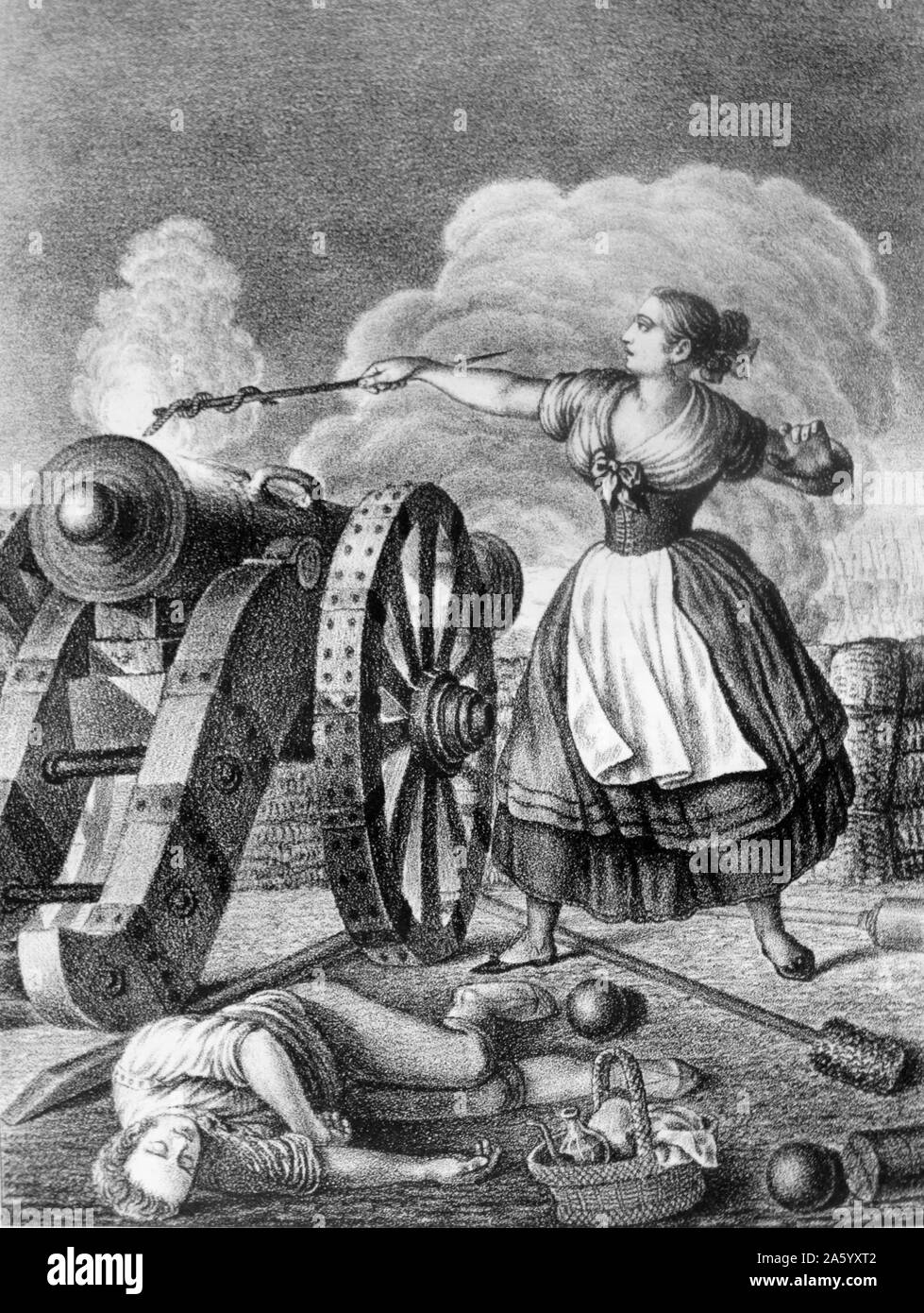 Incisione raffigurante Agustina Raimunda Maria Saragossa Domènech (1786-1857) Spagnolo eroina che hanno difeso la Spagna durante la guerra spagnola di indipendenza, prima come un civile e più tardi come un professionista ufficiale nell'esercito spagnolo. Conosciuto come 'lo spagnolo Joan di Arc' sparare un cannone. Datata del XIX secolo Foto Stock