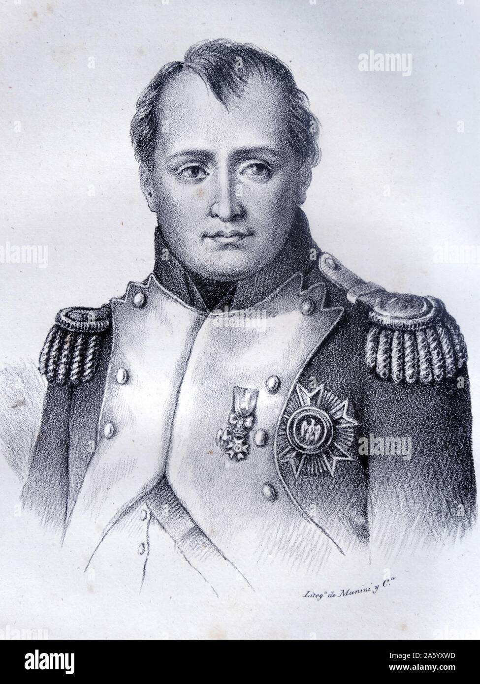 Incisione raffigurante la voce di Napoleone Bonaparte (1769-1821) francese militare e leader politico che è salito alla ribalta durante la Rivoluzione Francese e le sue guerre associati. Datata del XIX secolo Foto Stock