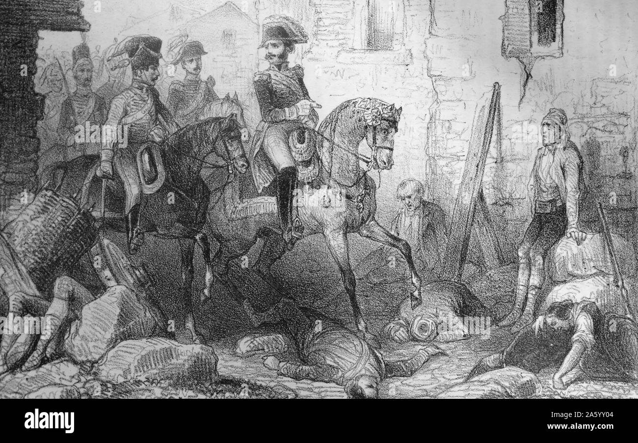 Incisione raffigurante la rinuncia di Saragozza durante la Guerra Peninsulare (1807-1814) era un conflitto militare tra Napoleone e impero delle potenze alleate della Spagna, Gran Bretagna e Portogallo per il controllo della penisola iberica durante le guerre napoleoniche. Datata 1810 Foto Stock