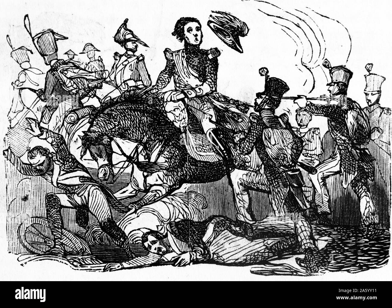 Incisione raffigurante una scena di battaglia durante la Guerra Peninsulare (1807-1814) era un conflitto militare tra Napoleone e impero delle potenze alleate della Spagna, Gran Bretagna e Portogallo per il controllo della penisola iberica durante le guerre napoleoniche. Datata 1809 Foto Stock