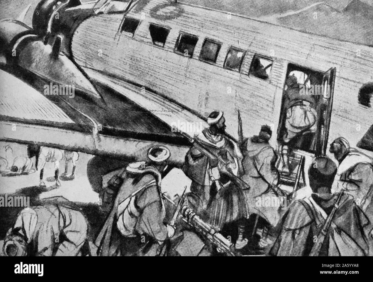 Le truppe marocchine bordo del velivolo, dopo l'insurrezione militare che ha iniziato la guerra civile spagnola 1937 Foto Stock