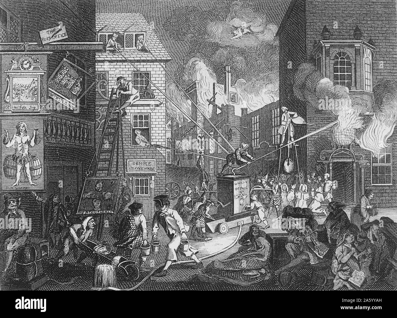 I tempi della piastrina 1, (scena che mostra un motore fire affrontare un tripudio di Londra), incisione di William Hogarth;xviii secolo Foto Stock