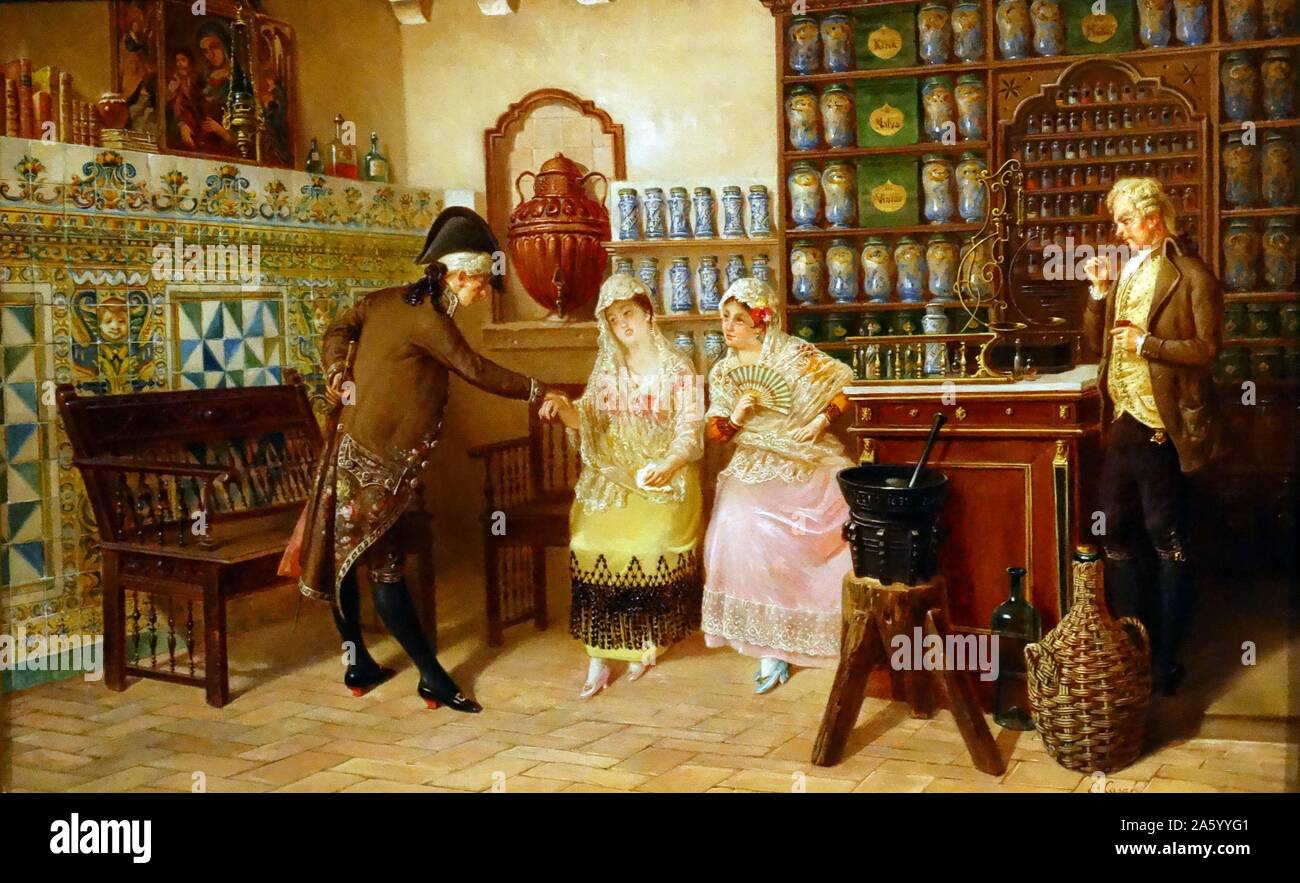 Un medico tenendo una signora di impulso in una farmacia' da Emili Casals I Camps (1843-1928). Olio su tela, Spagnolo, 1882. Foto Stock
