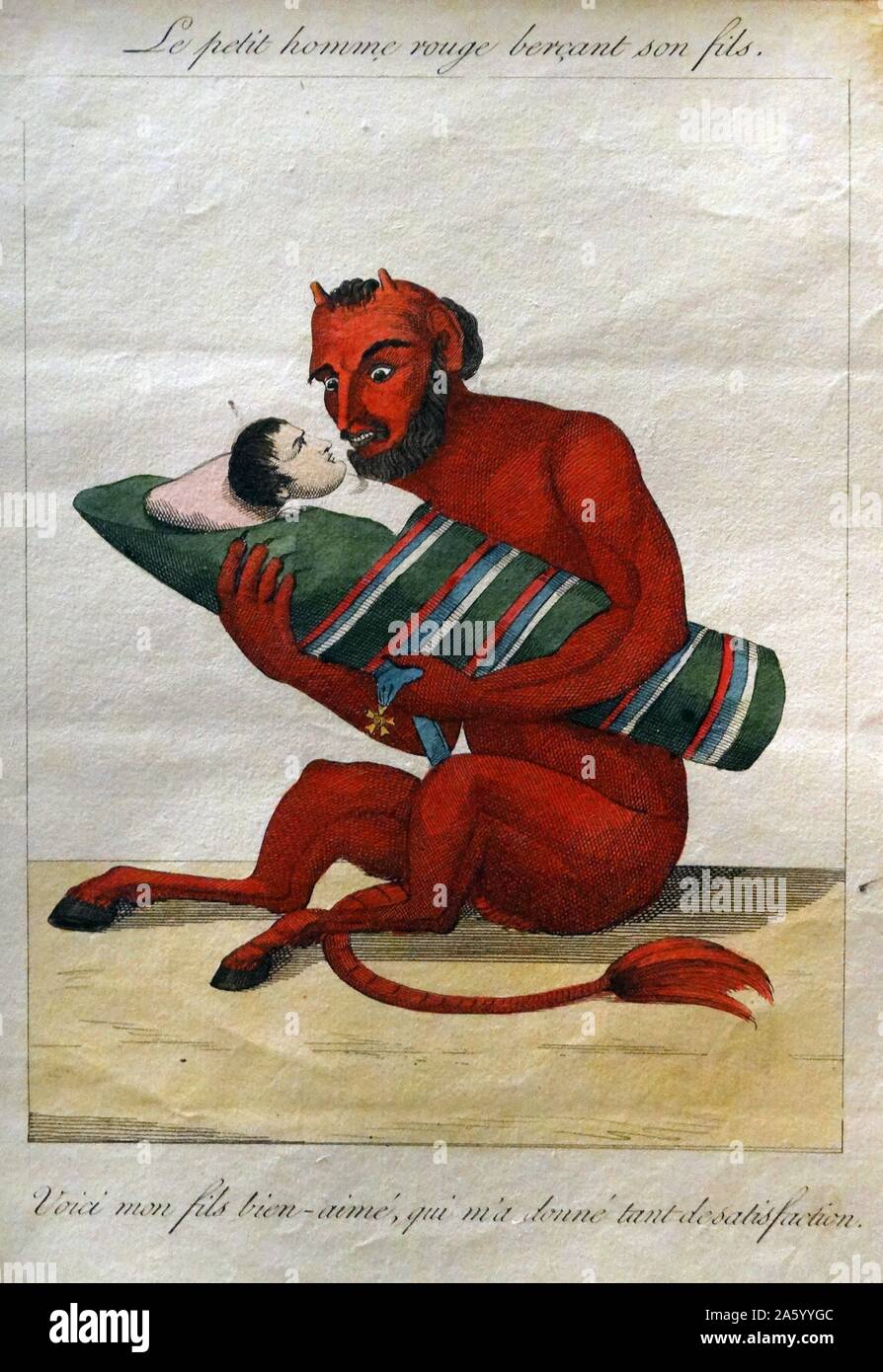 Colorate a mano attacco intitolato "Le petit homme rouge berçant son fils" da anonimo. Il diavolo è di colore uniforme rosso scuro con capelli e barba;non ha il satiro le orecchie. Datata 1814 Foto Stock