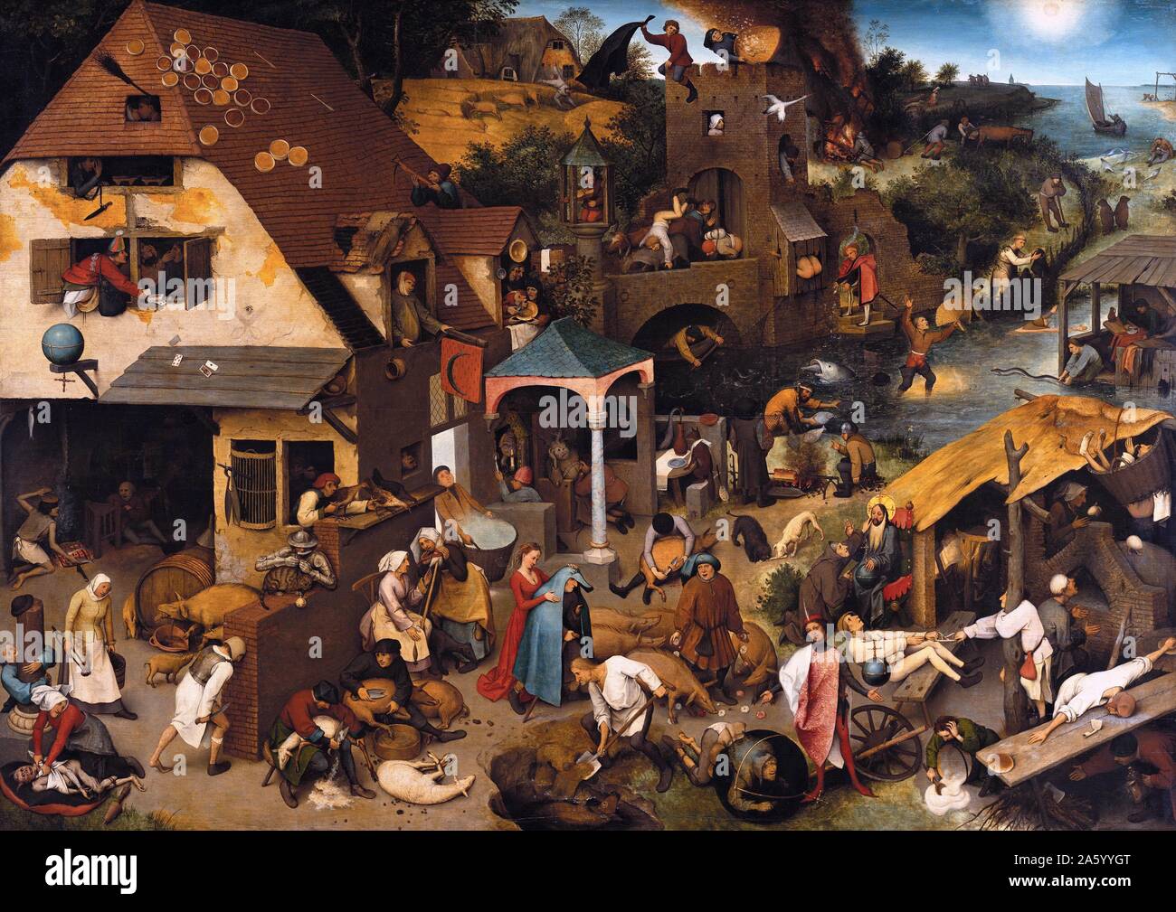 Netherlandish Proverbi' di Pieter Bruegel il Vecchio (1525-1569), 1559. A volte denominati "Bruegel contadina", egli è conosciuto per i suoi paesaggi e scene di vita contadina. Foto Stock