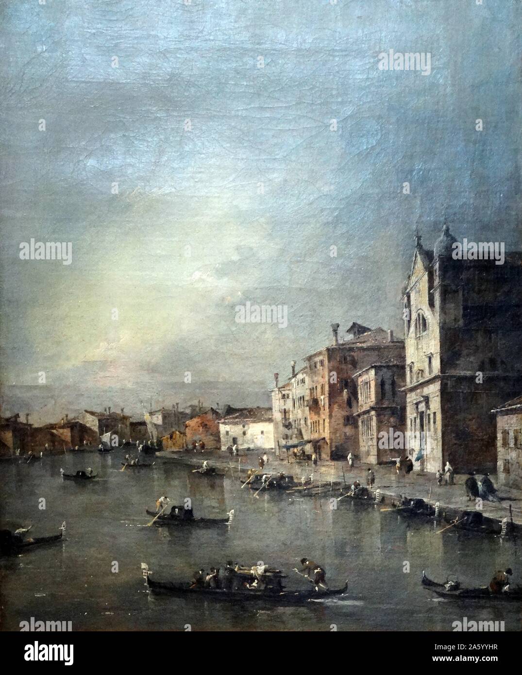 Pittura intitolato " Il Grand Canal Venince chiesa di St Lucia' da Francesco Guardi (1712-1793), pittore veneziano di veduta e un membro della Scuola Veneziana. Foto Stock