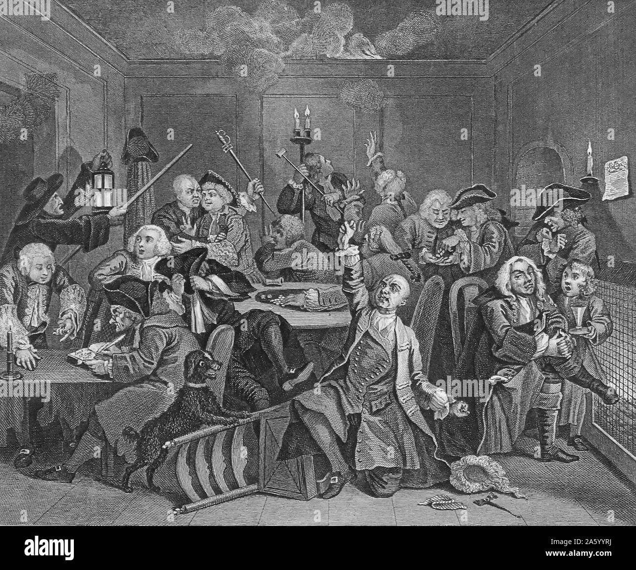 Incisione intitolato "The Rake's Progress " da William Hogarth (1697-1764) pittore inglese, printmaker, pittoriche satiro, critico sociale e fumettista editoriale che è stato accreditato con pionieristico di western arte sequenziale. Datata xviii secolo. Foto Stock