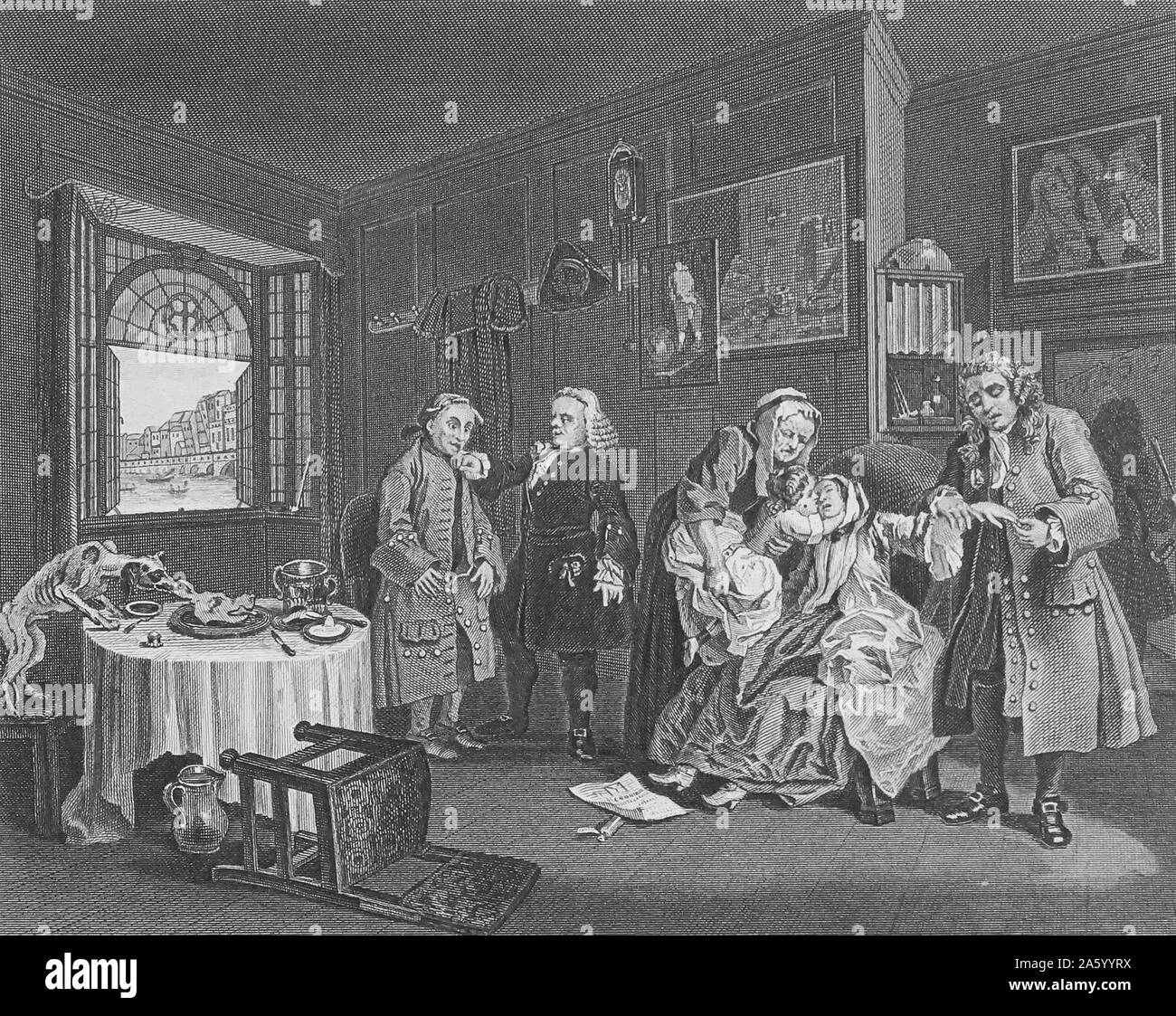 Incisione intitolata 'Matrimonio A la Mode" da William Hogarth (1697-1764) pittore inglese, printmaker, pittoriche satiro, critico sociale e fumettista editoriale che è stato accreditato con pionieristico di western arte sequenziale. Datata xviii secolo. Foto Stock