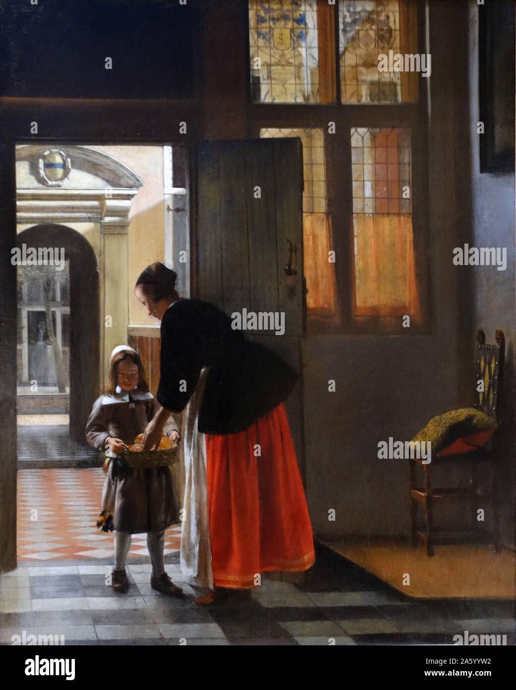 Pittura intitolata 'Una donna sbucciare le mele da Pieter De Hooch (1629-1683) Olandese Golden Age pittore famoso. Risalenti al XVII secolo Foto Stock