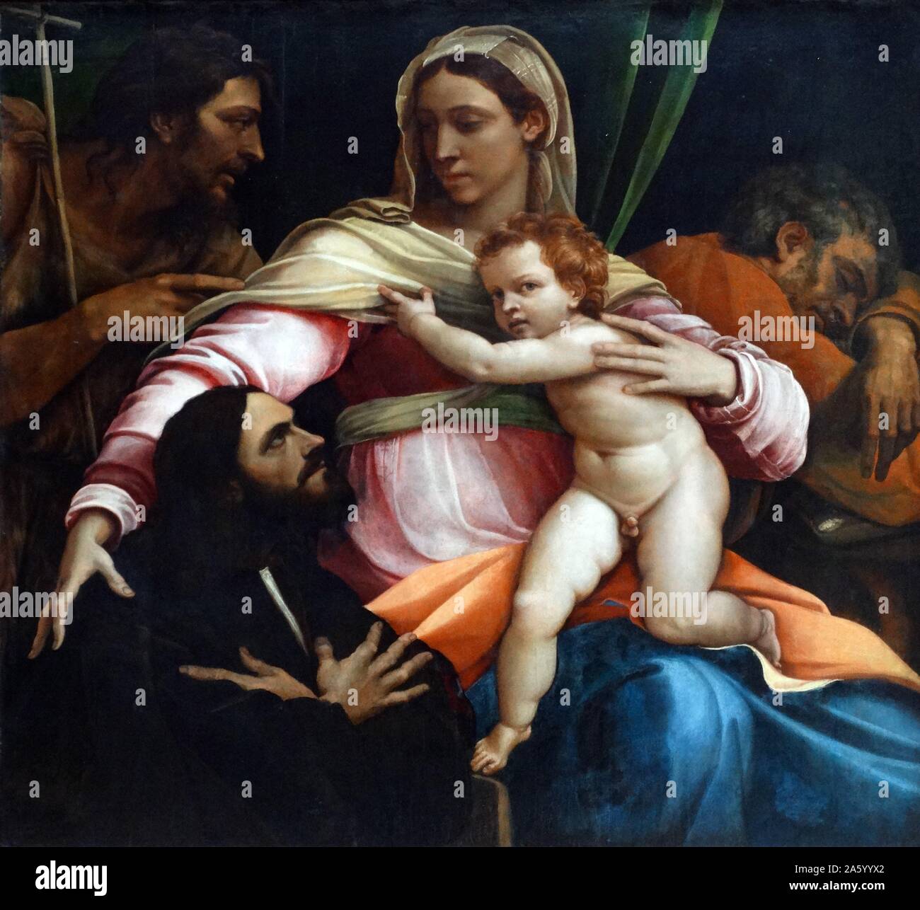 Pittura intitolato " La Madonna con Bambino e Santi e un donatore' di Sebastiano del Piombo (1485-1547), pittore italiano del Rinascimento e nei primi periodi di manierista famoso per la sua combinazione di colori di scuola veneziana e le forme monumentali della scuola romana. Datata 1517 Foto Stock Pittura intitolato " La Madonna con Bambino e Santi e un donatore' di Sebastiano del Piombo (1485-1547), pittore italiano del Rinascimento e nei primi periodi di manierista famoso per la sua combinazione di colori di scuola veneziana e le forme monumentali della scuola romana. Datata 1517 Foto Stock