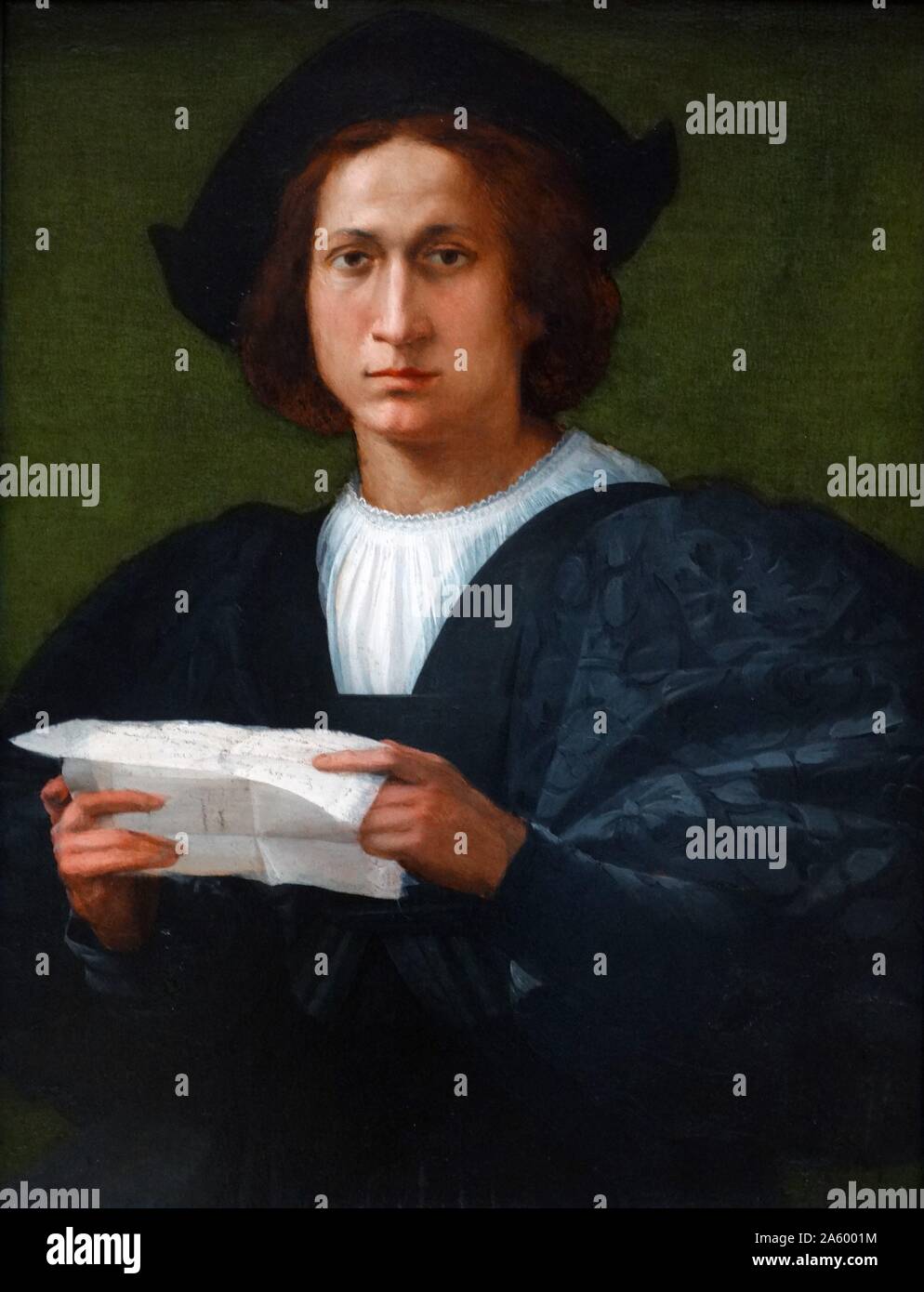 Ritratto di un giovane uomo in possesso di una lettera del Rosso Fiorentino (1494-1540) Italiano manierista, in olio e affresco, appartenente alla scuola fiorentina. Datata 1518 Foto Stock