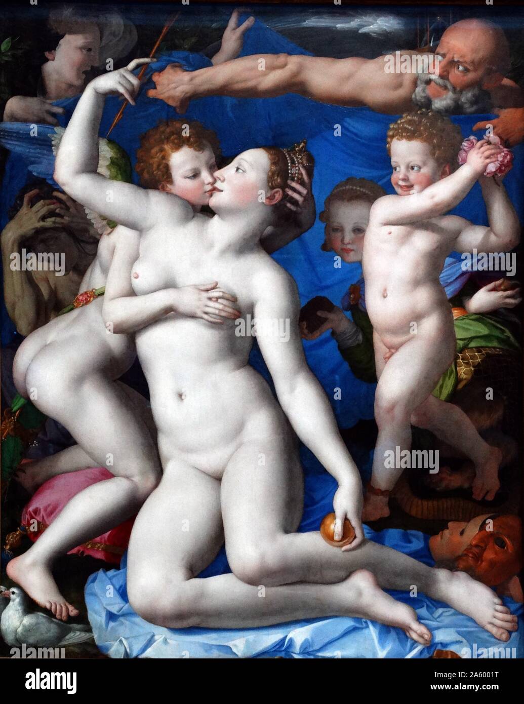 Pittura intitolato "Allegoria con Venere e Amore " da Agnolo di Cosimo (1503-1572) Italiano manierista da Firenze. Datata XVI Secolo Foto Stock