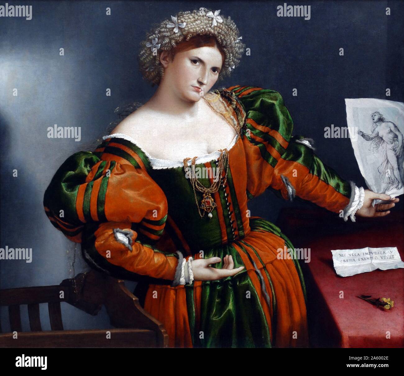 Ritratto di una donna ispirata dalla Lucretia' di Lorenzo Lotto (1480-1557), pittore italiano, disegnatore e illustratore, tradizionalmente collocato nella scuola veneziana. Datata XVI Secolo Foto Stock
