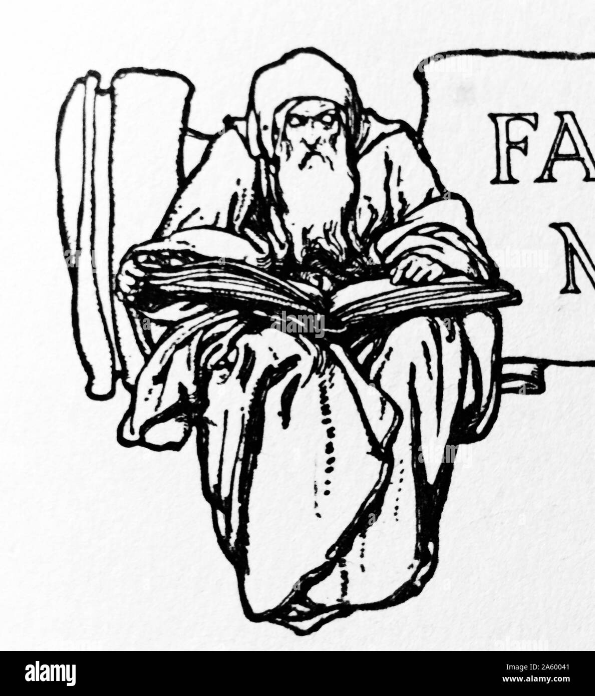 Incisione raffigurante un uomo anziano la lettura di un libro di grandi dimensioni Foto Stock