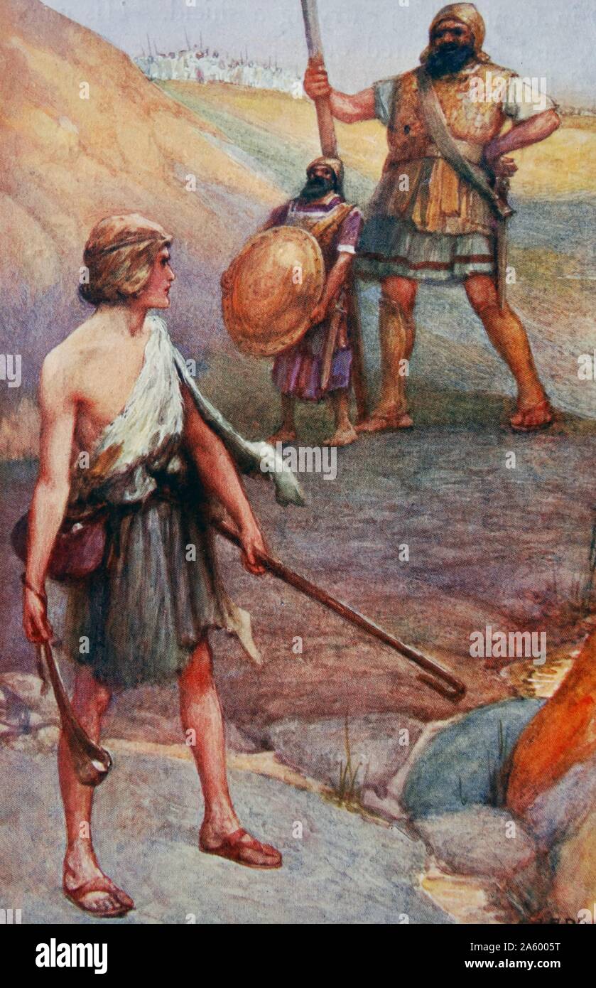 Dipinto raffigurante il Davide e Golia. Golia era un gigante guerriero Filisteo sconfitto dal giovane David, il futuro re di Israele nella Bibbia di libri di Samuel Foto Stock