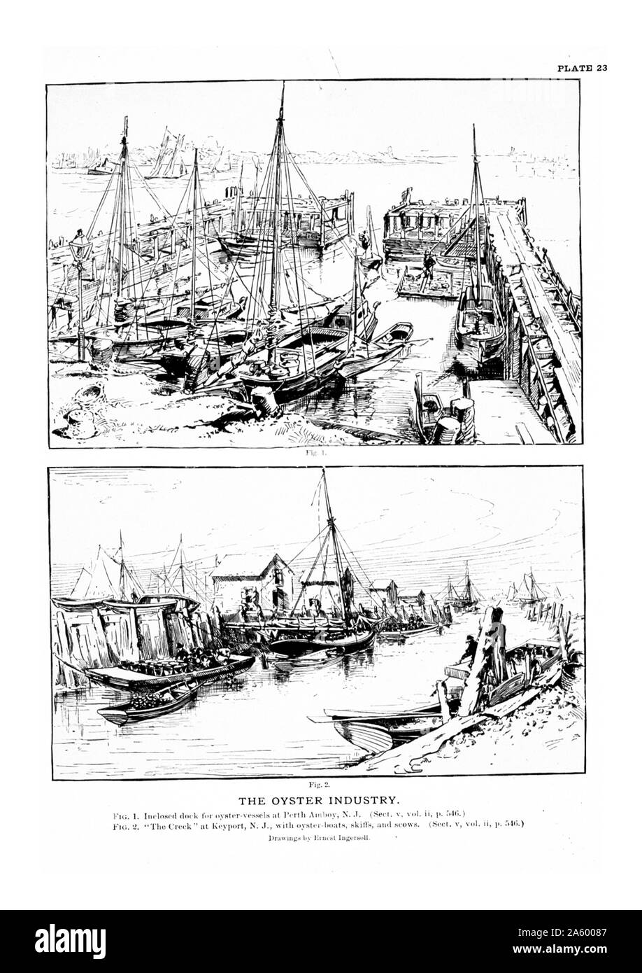 Fig. 1. Racchiuso il dock per navi oyster a Perth Amboy, New Jersey Fig. 2. 'L'Creek' a Keyport, New Jersey, con ostriche barche, skiffs e scows disegni da Ernest Ingersoll Foto Stock
