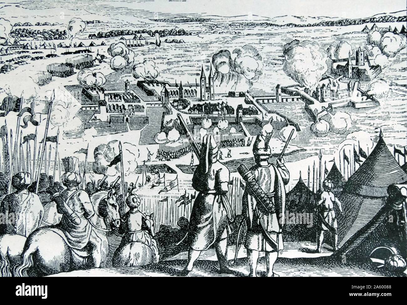 Attacco turco sul fiume fortezza di Szigetvár (1566) nel sud dell'Ungheria. Foto Stock