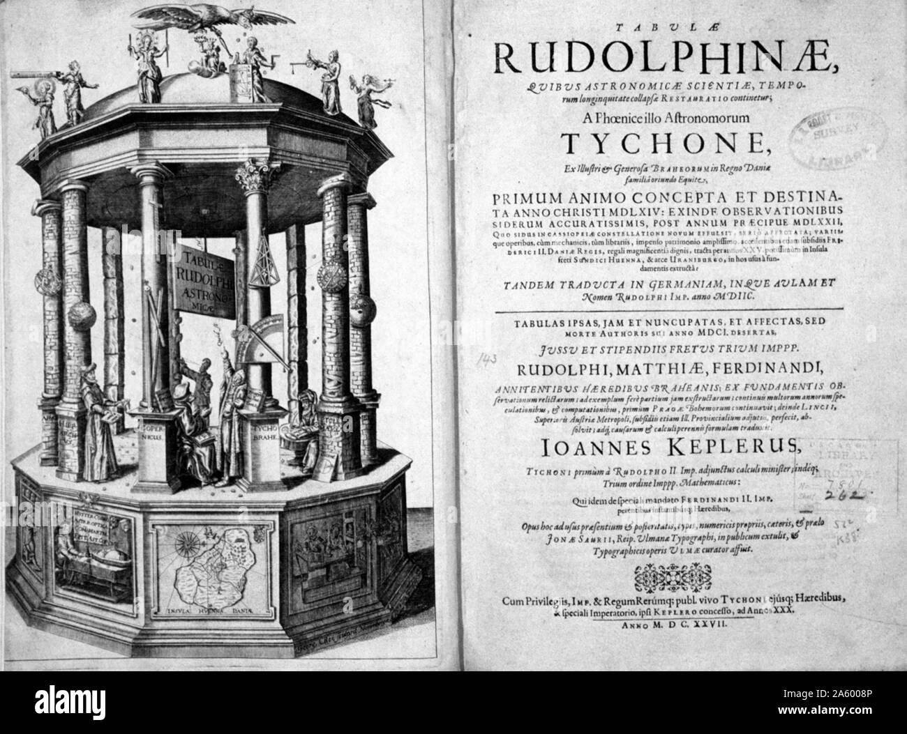 Frontespizio e pagina titolo di : "Tabulae Rudolphinae : quibus astronomicae...' da Johannes Kepler, 1571-1630 Foto Stock