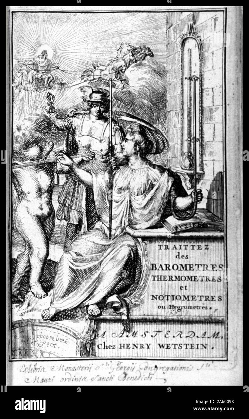 Frontespizio: Traittez de barometri e termometri, et notiometers, ou igrometri, da Gioacchino d'Alence, d. 1707. Pubblicato nel 1688 Foto Stock
