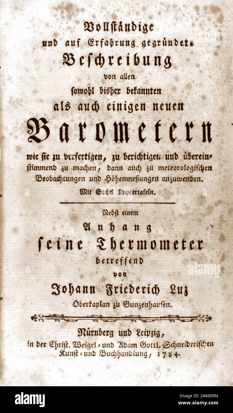 Titolo pagina per Barometern, da Johann Friedrich Luz, 1744-1827. Pubblicato in 1784. Foto Stock