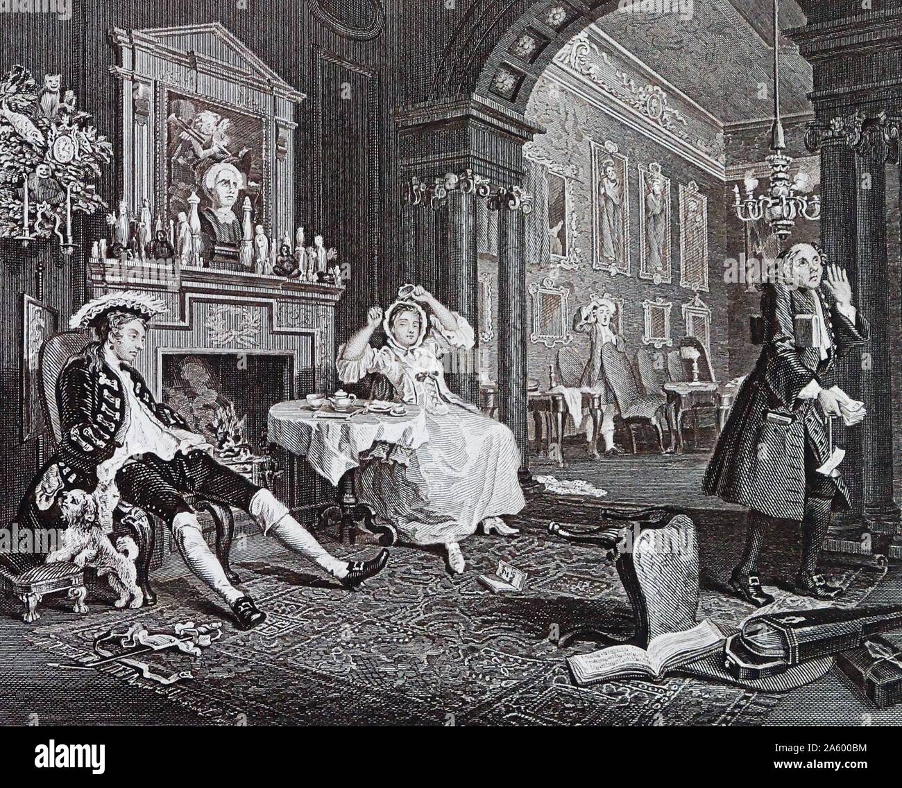 Il Tête à Tête da matrimonio à la mode, 1743 - 1745; da William Hogarth. raffigura il matrimonio come già cominciando a rompersi. Il marito e la moglie sembra disinteressarsi di un altro. Da William Hogarth (1697 - 1764). Il pittore inglese, printmaker, Satiro. Foto Stock