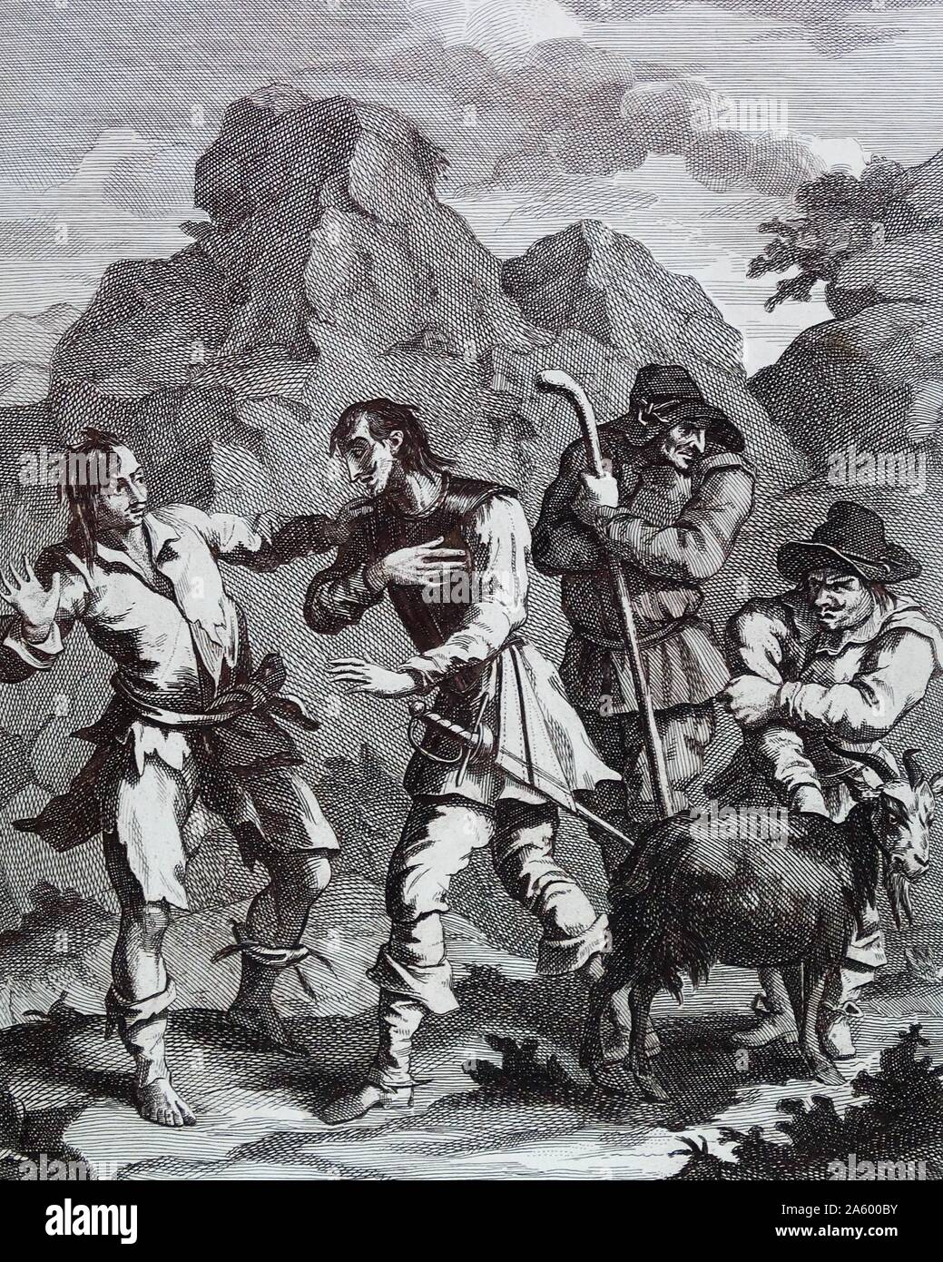 Lo sfortunato Cavaliere di roccia incontro Don Chisciotte" 1756. da William Hogarth (1697-1764), pittore inglese, printmaker, pittoriche Satiro. Uno dei sei illustrazioni per Don Chisciotte di Miguel de Cervantes Foto Stock