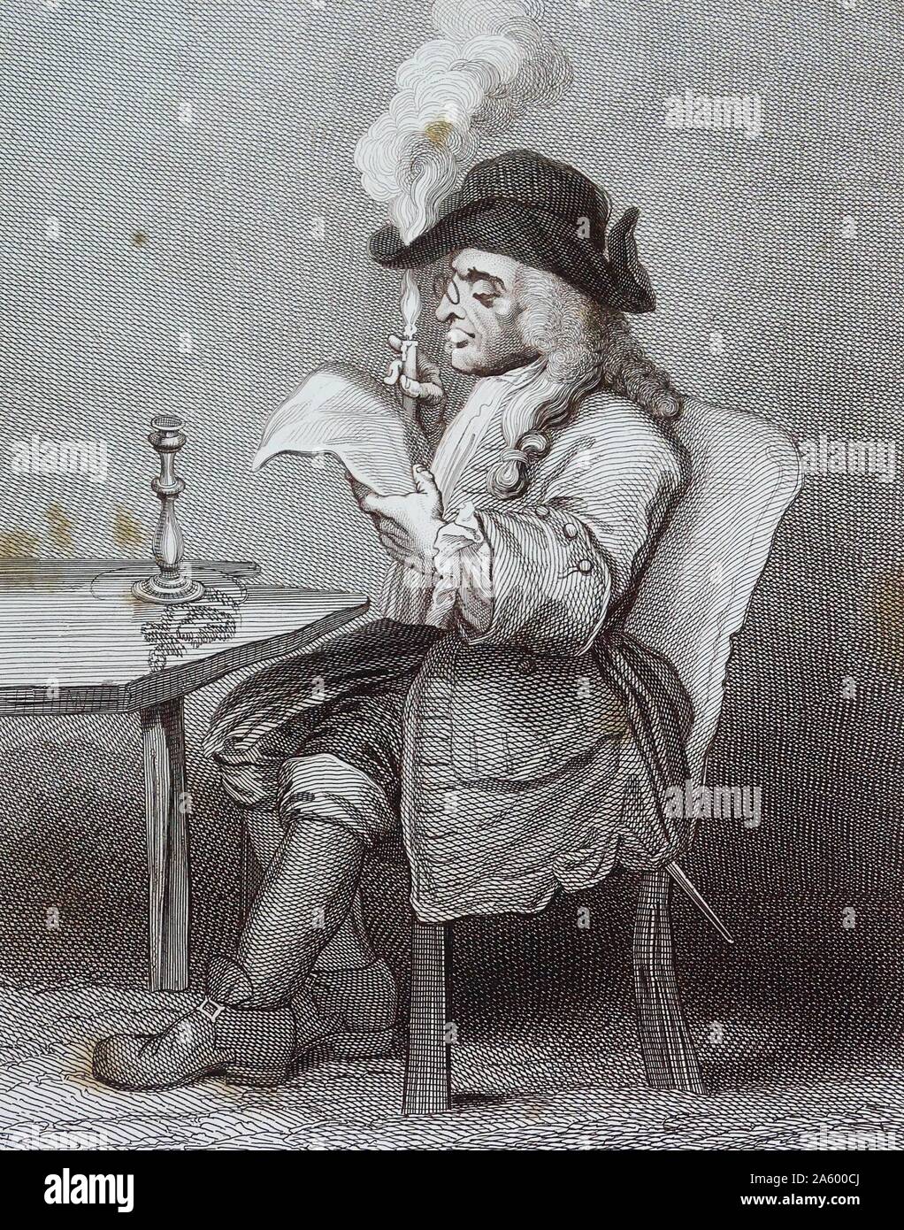 Il candidato. da William Hogarth (1697-1764), pittore inglese, printmaker, pittoriche Satiro. Mostra un politico leggendo il giornale, tenendo la candela vicino ai suoi occhi per una migliore lettura mentre non diventare consapevoli di come esso brucia attraverso il suo cappello Foto Stock