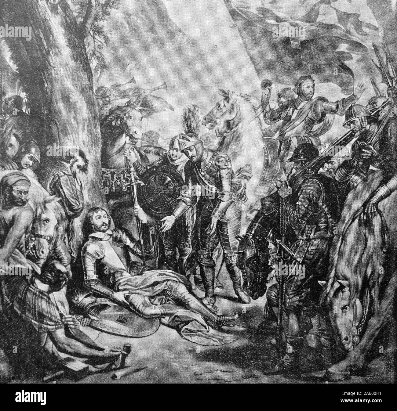 La morte di Bayard 1524. Pierre Terrail, Seigneur de Bayard (1473 - 30 Aprile 1524) era un soldato francese, generalmente noto come le Chevalier de Bayard. Nel corso dei secoli dopo la sua morte, egli è stato conosciuto come "il cavaliere senza paura e al di là di rimprovero' Foto Stock