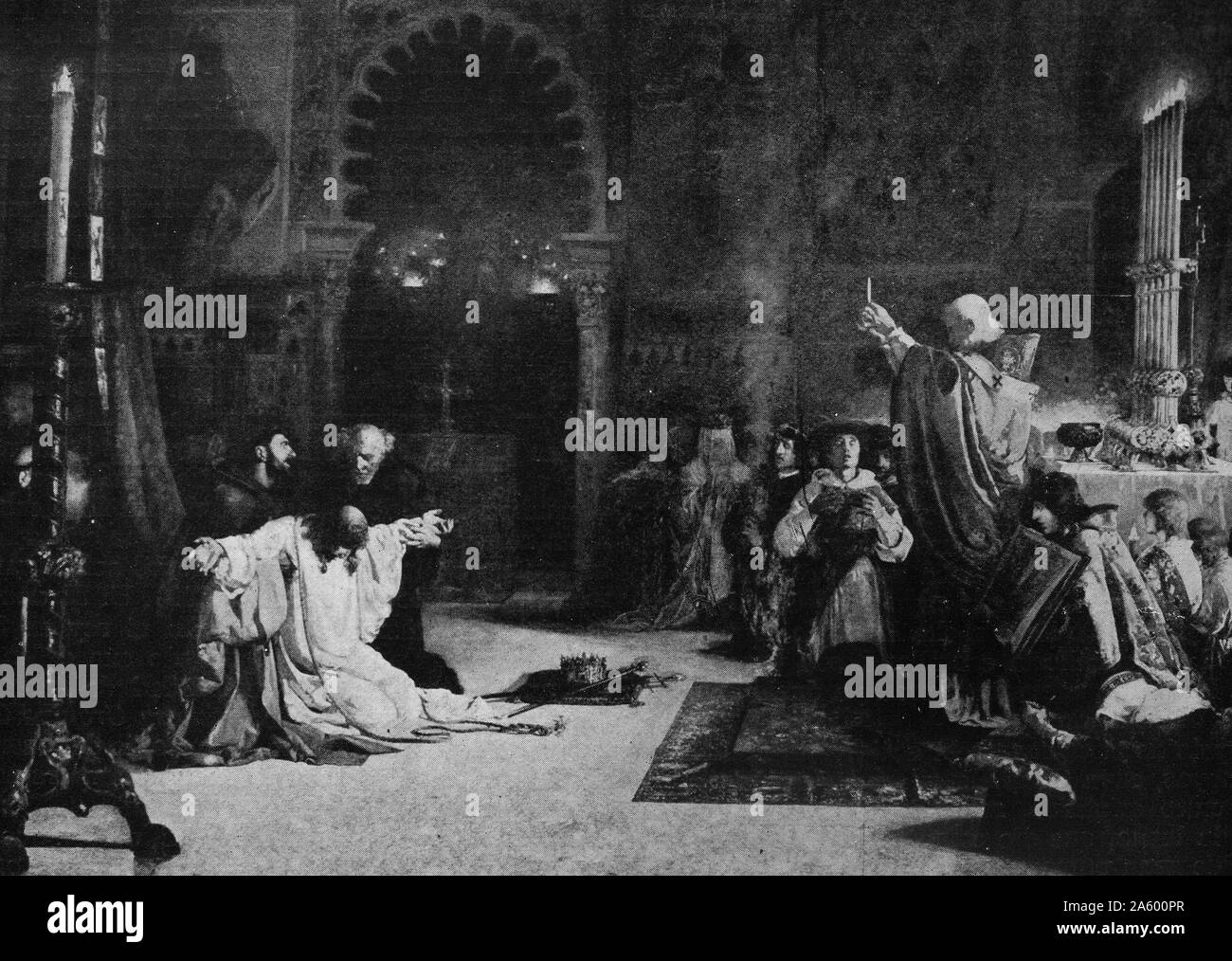 Dipinto raffigurante la morte di Re Ferdinando III (1199-1252), Re di Castiglia da 1217 e re di León dal 1230 così come i re della Galizia. Datata xiii secolo Foto Stock