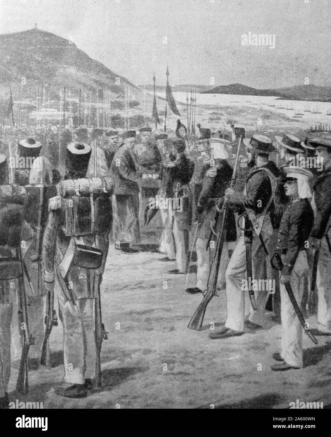 Dipinto raffigurante la proclamazione di Hong Kong come un possedimento britannico nel 1841 Foto Stock