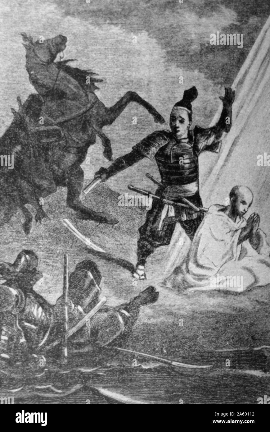 Dipinto raffigurante la miracolosa liberazione di Nichiren, un monaco buddista che visse durante il periodo Kamakura in Giappone. Datata xiii secolo Foto Stock