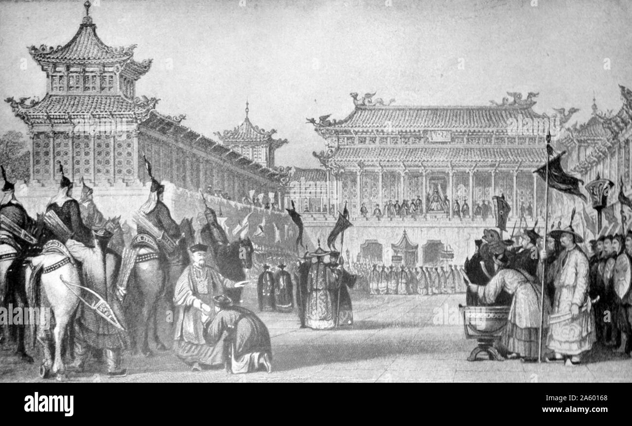 Mancesi corte imperiale presso il Royal enclosure; Pechino Cina 1850 Foto Stock