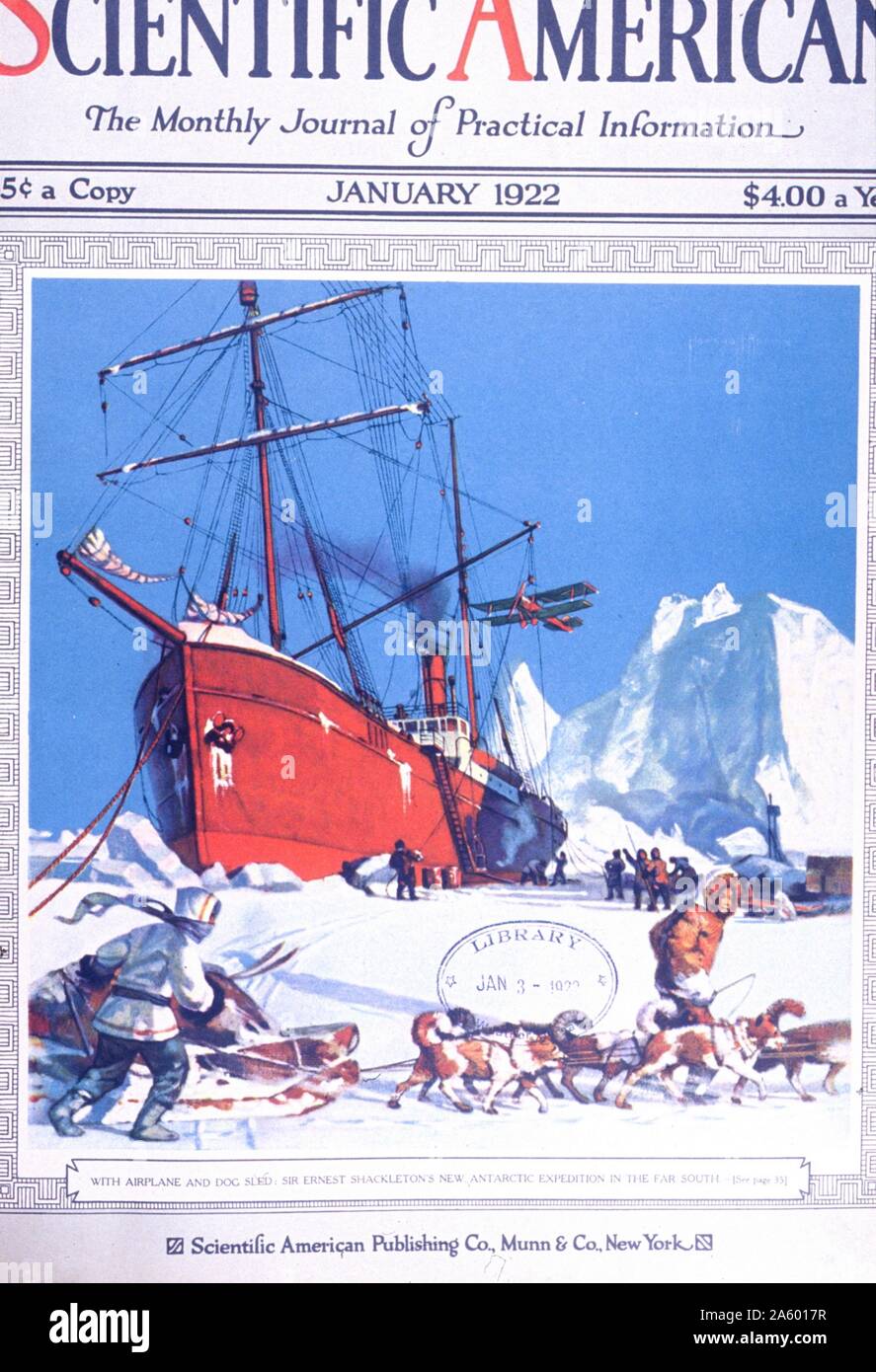 In aereo e slitta trainata da cani: Sir Ernest Shackleton nuova spedizione in Antartide nel lontano Sud. Scientific American coperchio; Gennaio 1922. Foto Stock