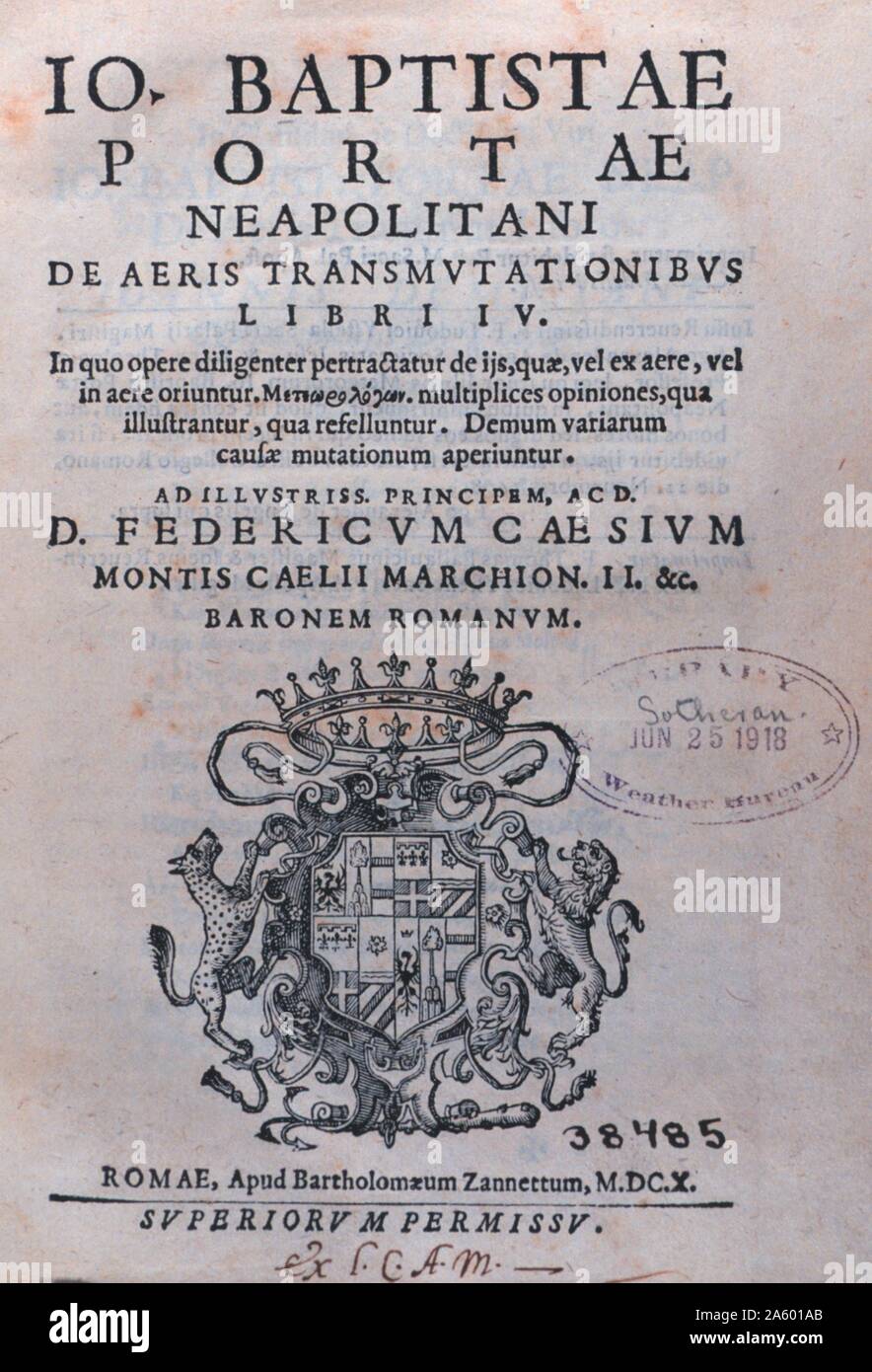 Pagina del titolo di 'De aeris transmutationibus libri IV....' da Giambattista della Porta,1535-1615. Pubblicato in 1614. Foto Stock
