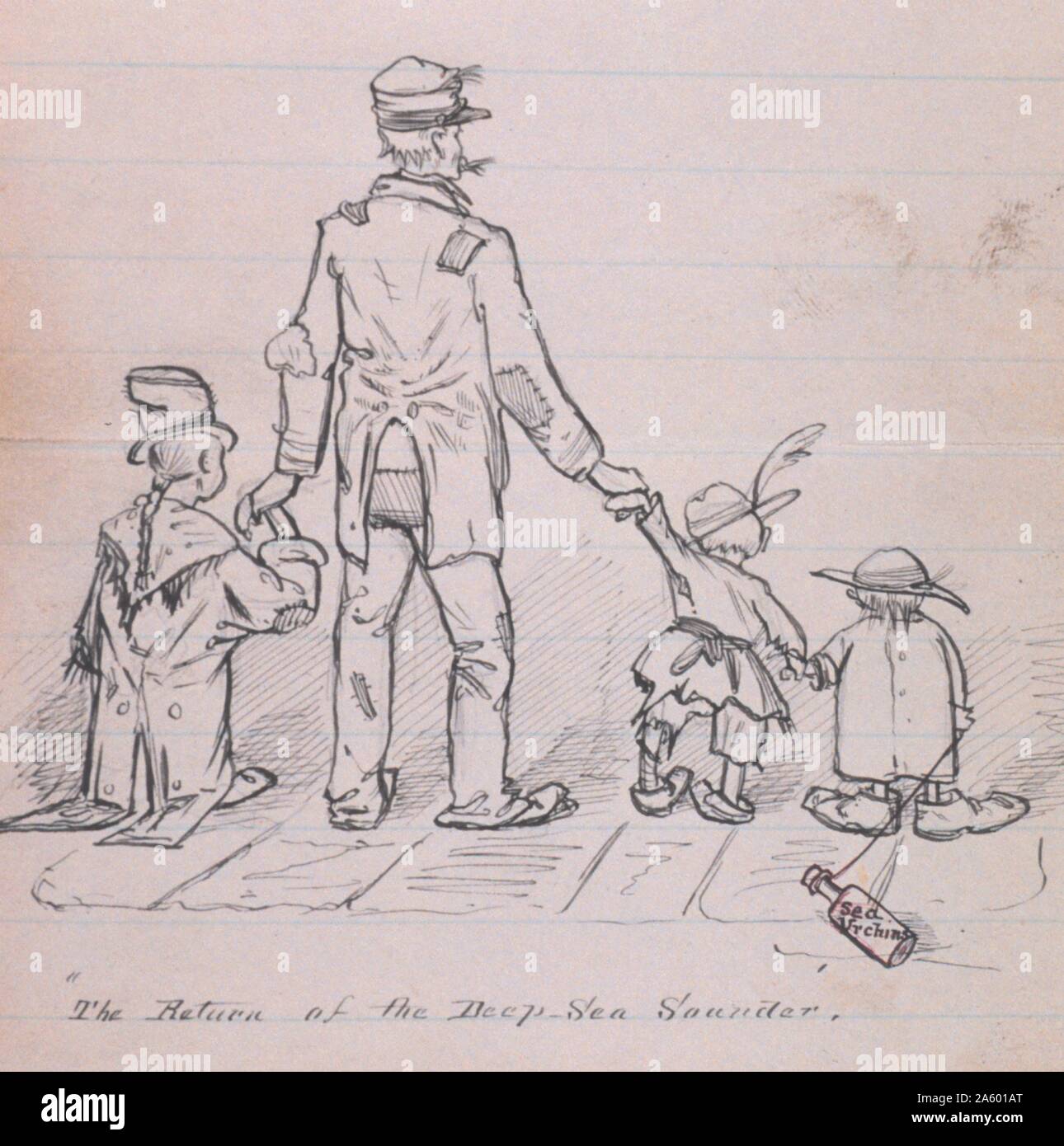 Cartoon raffiguranti lunghi periodi in mare da Blake e poveri pagare per il supporto di famiglia. Da 'Scrap Prenota Hydrographic ispettore ufficio", 1881 Foto Stock