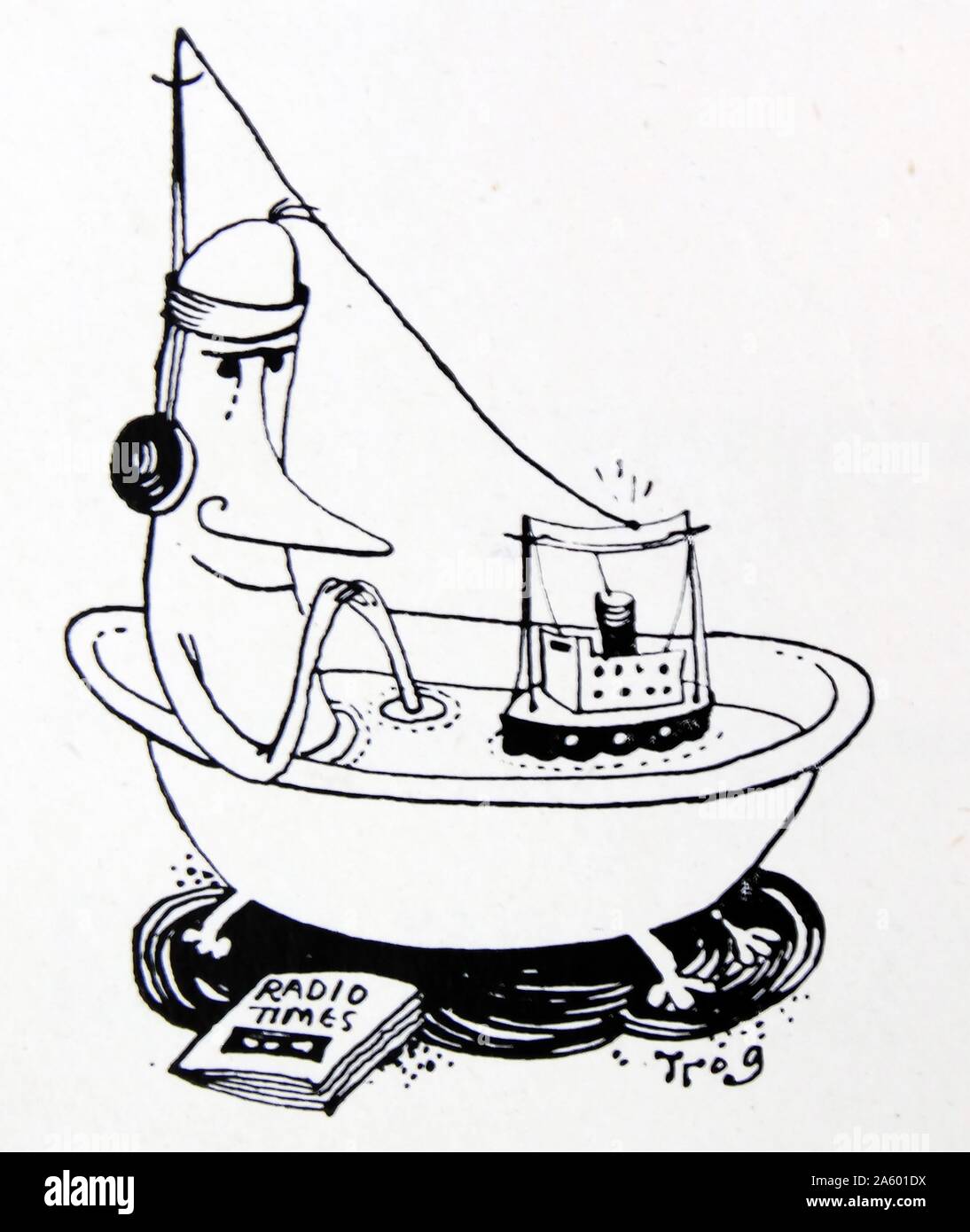 Cartoon di un uomo in un bagno con un galleggiante radio. Da Walter Ernest "Wally" Fawkes (nato 1924). Jazz British-Canadian clarinettista e un vignettista satirico. Come fumettista ha generalmente funzionato sotto il nome di 'Trog' . Foto Stock