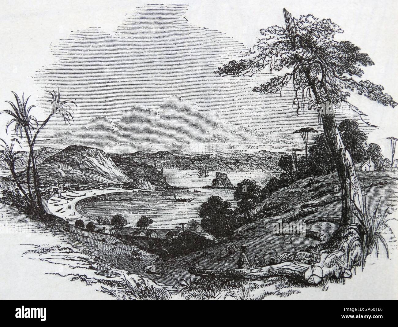 La scena di errore Maori, 1845. Vista della città di Korarika altrimenti noto come Russell, nella Baia delle Isole, Isola del nord. La città fu parzialmente distrutta dai Maori in 1845. Foto Stock