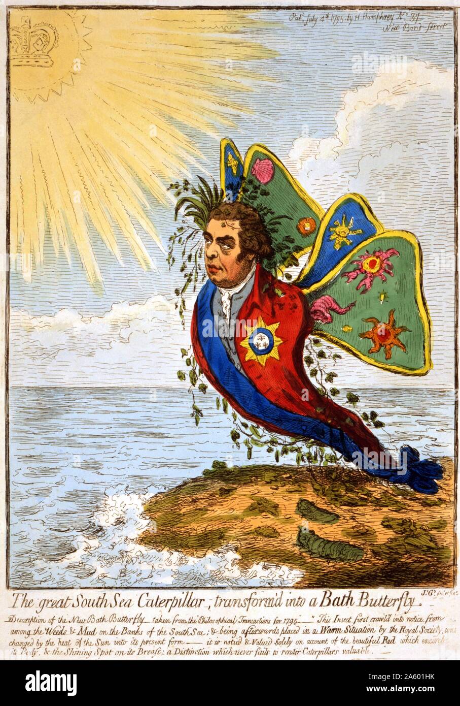 Joseph Banks 1743-1820 scienziato britannico che era parte di James Cook il viaggio in Australia. Datata 1795. Qui mostrata in un cartone animato da James Gillray raffigurato come una farfalla. Foto Stock