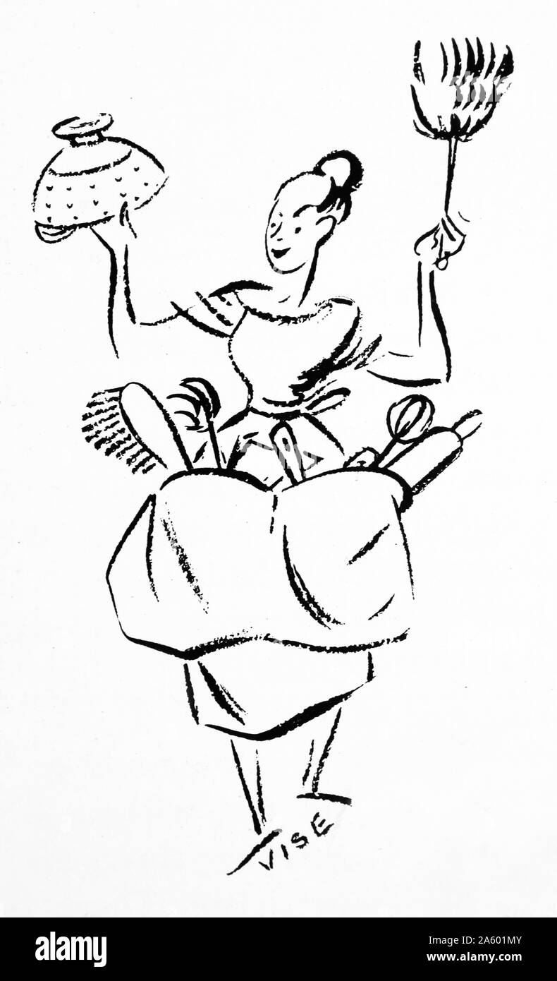 Illustrazione che raffigura una vista satirico di una donna (casa moglie) con molteplici attività di pulizia e di attrezzature per la pulizia. Foto Stock