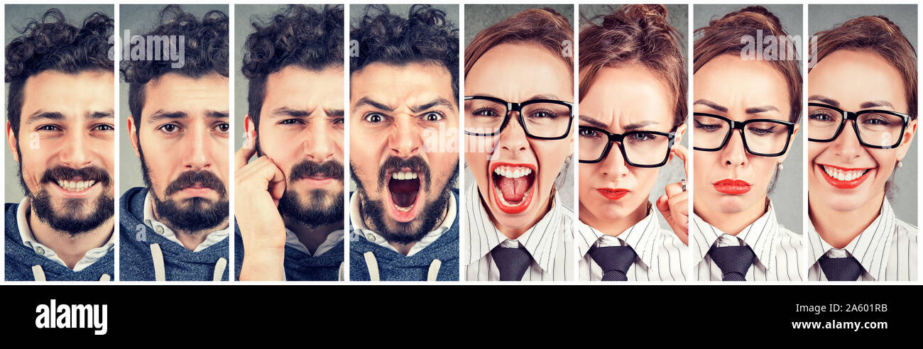 Coppia giovane donna e uomo che esprimono differenti emozioni Foto Stock