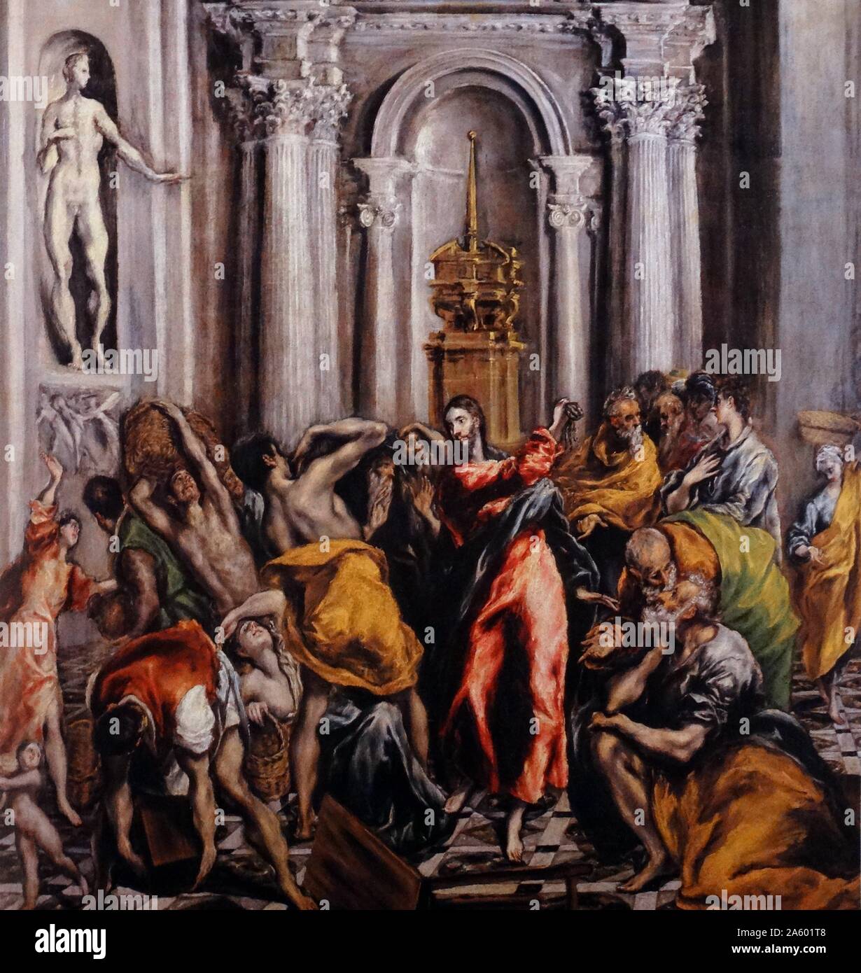 Pittura intitolata 'purificazione del tempio". Da El Greco (1541-1614) un pittore, scultore e architetto del Rinascimento spagnolo. Risalenti al XVII secolo Foto Stock