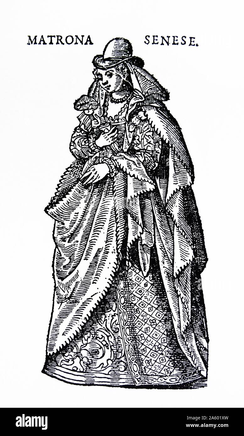 Incisione raffigurante il costume di una matrona senese da parte di Cesare Vecellio (1530-1601) un incisore italiano e pittore del Rinascimento. Datata XVI Secolo Foto Stock