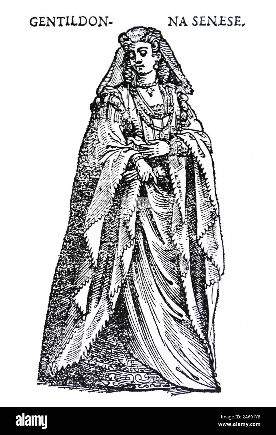Incisione raffigurante il costume di una gentildonna senese da parte di Cesare Vecellio (1530-1601) un incisore italiano e pittore del Rinascimento. Datata XVI Secolo Foto Stock
